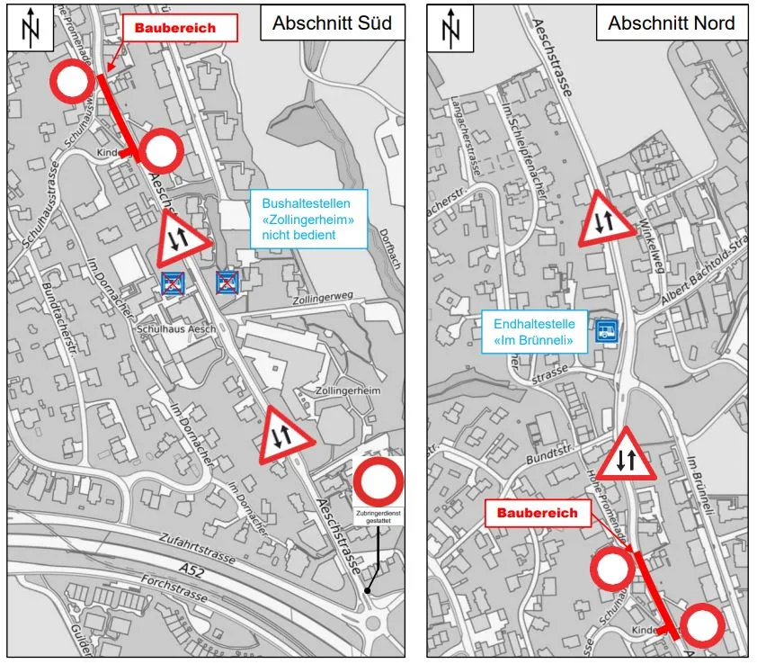 Eine Karte mit Angaben zur Baustelle in Maur und zur Umleitung